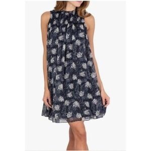 Joie Limited Edition Navy Blue Baltic Print Sheer Overlay Shift Dress Medium